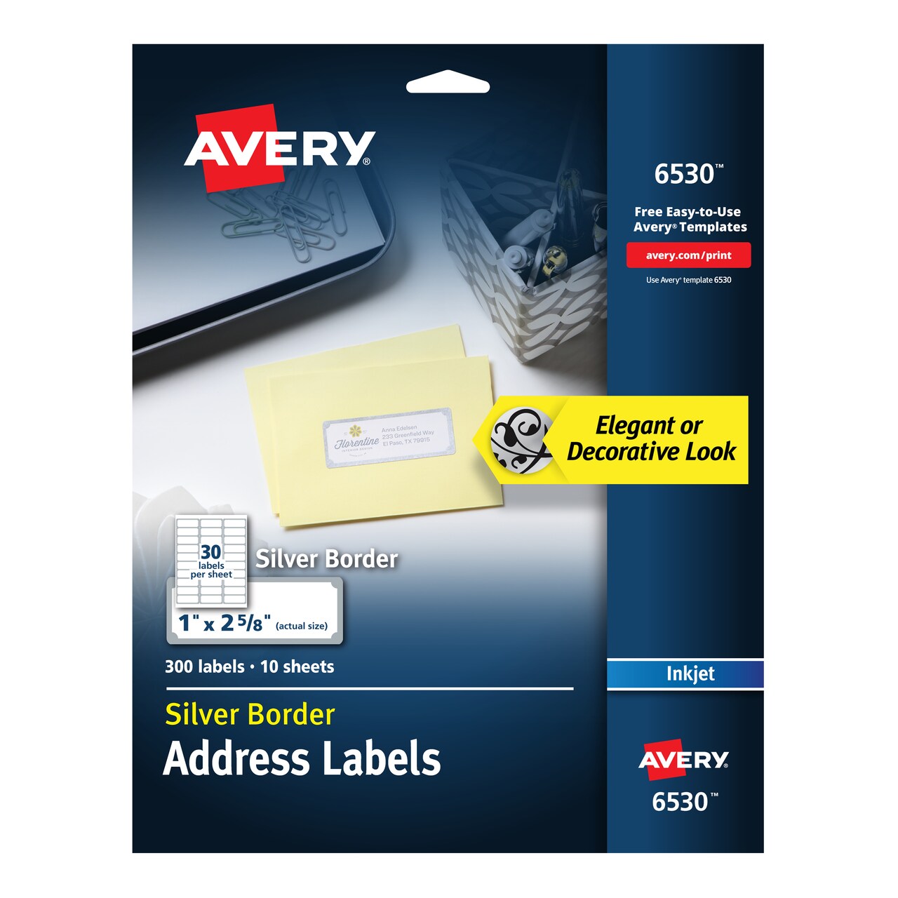 Avery Address Labels with Silver Border for Inkjet Printers, 1" x 2-5/8", 300 Labels (6530)